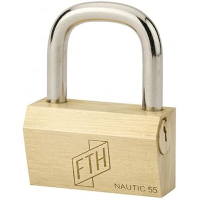 FTH NT-hangslot met sleutel, behuizing van messing uit één stuk en beugel van gehard staal, zijdelingse opening met sleutel, basis 55 mm, 3 gekartelde sleutels van messing FTH NT-hangslot met sleutel, behuizing van messing uit één stuk en beugel van gehard staal, zijdelingse opening met sleutel, basis 55 mm, 3 gekartelde sleutels van messing