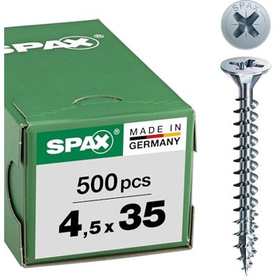 SPAX Universele schroef, 4,5 x 35 mm, 500 stuks, Voldraad, Verzonken kop, Kruiskop Z2, 4CUT, WIROX 1081010450355 SPAX Universele schroef, 4,5 x 35 mm, 500 stuks, Voldraad, Verzonken kop, Kruiskop Z2, 4CUT, WIROX 1081010450355