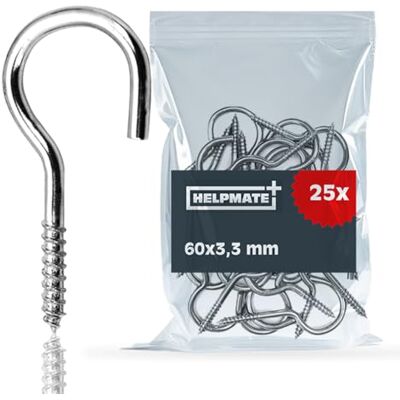 HELPMATE Gebogen schroefhaken 60 x 3,3 x 18 x 14 mm – galvanisch verzinkt staal – 25 stuks – haken voor wand- of plafondmontage HELPMATE Gebogen schroefhaken 60 x 3,3 x 18 x 14 mm – galvanisch verzinkt staal – 25 stuks – haken voor wand- of plafondmontage