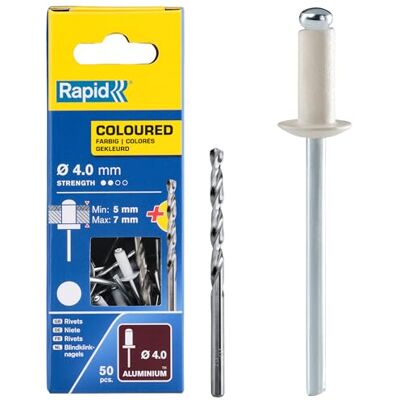 Rapid popnagels aluminium Wit 4 x 10 mm, 50 st. voor popnageltangen Wit; RAL 9010; 5–7 mm klembereik; 4 mm diameter; van aluminium; voor metaal & kunststof; 50 stuks incl. boor Rapid popnagels aluminium Wit 4 x 10 mm, 50 st. voor popnageltangen Wit; RAL 9010; 5–7 mm klembereik; 4 mm diameter; van aluminium; voor metaal & kunststof; 50 stuks incl. boor