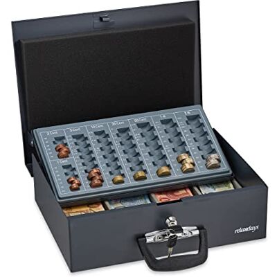 Relaxdays geldkistje met slot, muntenbak, afsluitbaar, 2 sleutels, staal, euromunten & briefjes, 10,5x36x27,5 cm, zwart Relaxdays geldkistje met slot, muntenbak, afsluitbaar, 2 sleutels, staal, euromunten & briefjes, 10,5x36x27,5 cm, zwart