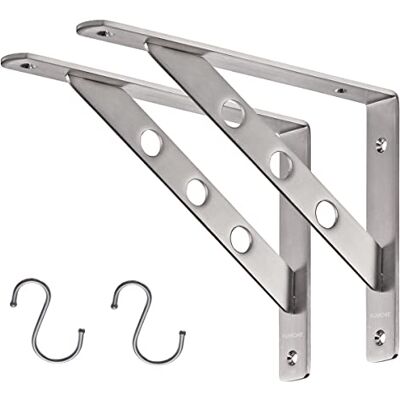 YUMORE Plankbeugel 25 cm, zwaar belastbare roestvrijstalen plankdrager, hoeksteun, rechte hoekbeugel, L-beugel met 2 S-haken, set van 2 stuks YUMORE Plankbeugel 25 cm, zwaar belastbare roestvrijstalen plankdrager, hoeksteun, rechte hoekbeugel, L-beugel met 2 S-haken, set van 2 stuks