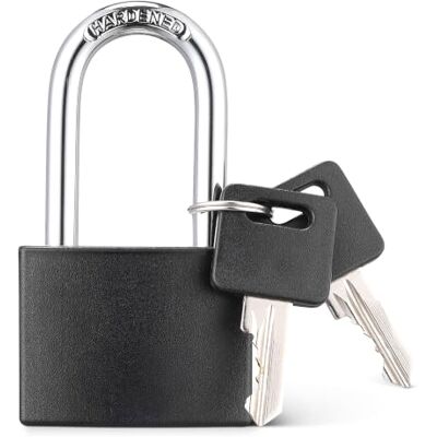 Amazon Basics Hangslot met Lange Beugel en 2 Reservesleutels, voor Poorten, Kluisjes en Kettingen, Staal met Vinylcoating, 4.3cm Breed, Zwart Amazon Basics Hangslot met Lange Beugel en 2 Reservesleutels, voor Poorten, Kluisjes en Kettingen, Staal met Vinylcoating, 4.3cm Breed, Zwart