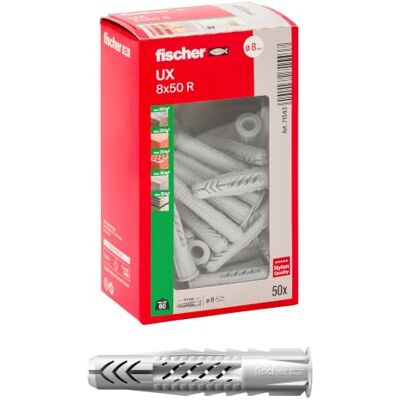 fischer 50 stuks pluggen UX 8 x 50 mm voor volle muur, geperforeerde baksteen, gipskarton, 71543 fischer 50 stuks pluggen UX 8 x 50 mm voor volle muur, geperforeerde baksteen, gipskarton, 71543