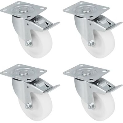 Amig Set van 4 wielen met remmen Ø 100 x 32 mm Zwenkwielen met metalen plaat Maximaal draagvermogen 200 kg Voor het verplaatsen van zware meubels Kogellagers Nylon kern Wit Amig Set van 4 wielen met remmen Ø 100 x 32 mm Zwenkwielen met metalen plaat Maximaal draagvermogen 200 kg Voor het verplaatsen van zware meubels Kogellagers Nylon kern Wit