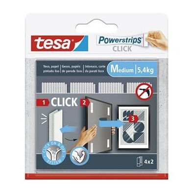 tesa Powerstrips Click Zelfklevende haken voor het ophangen van fotolijsten en wanddecoraties zonder boren, zelfklevende strips met aan- en uit-systeem, medium, 4 x 2 stuks tesa Powerstrips Click Zelfklevende haken voor het ophangen van fotolijsten en wanddecoraties zonder boren, zelfklevende strips met aan- en uit-systeem, medium, 4 x 2 stuks