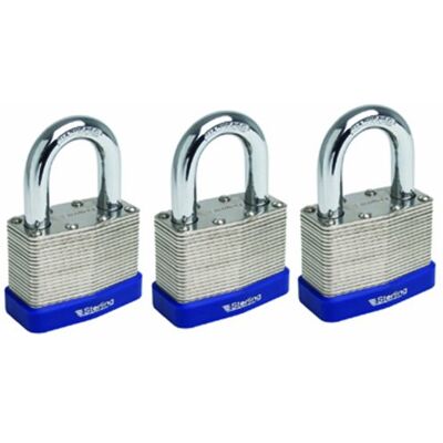 Sterling LPL443 Gelamineerd hangslot met dubbele vergrendeling van 40 mm met alle hangsloten gelijk (set van 3), chroom en blauw Sterling LPL443 Gelamineerd hangslot met dubbele vergrendeling van 40 mm met alle hangsloten gelijk (set van 3), chroom en blauw