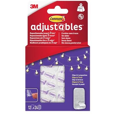 3M Command Verstelbare herplaatsbare clips (12 clips + 24 lipjes/doos) 17840CLR-12 3M Command Verstelbare herplaatsbare clips (12 clips + 24 lipjes/doos) 17840CLR-12