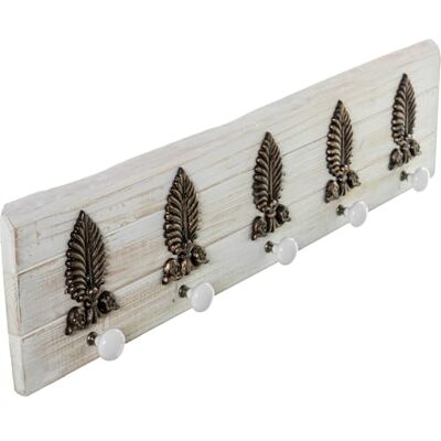 DRW Wandkapstok van hout met 5 keramische haken en metalen versieringen, wit en goud, 76 x 7 x 18 cm DRW Wandkapstok van hout met 5 keramische haken en metalen versieringen, wit en goud, 76 x 7 x 18 cm