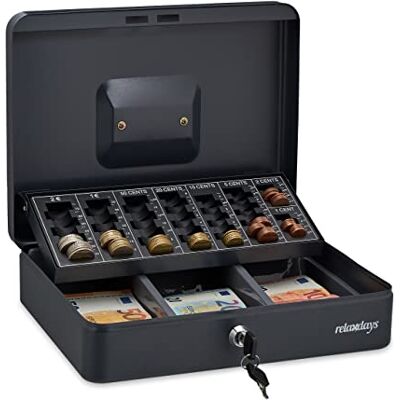 Relaxdays geldkistje met slot, muntenbak, 2 sleutels, staal, voor euro's & briefjes, 9 x 30,5 x 23,5 cm, antraciet Relaxdays geldkistje met slot, muntenbak, 2 sleutels, staal, voor euro's & briefjes, 9 x 30,5 x 23,5 cm, antraciet