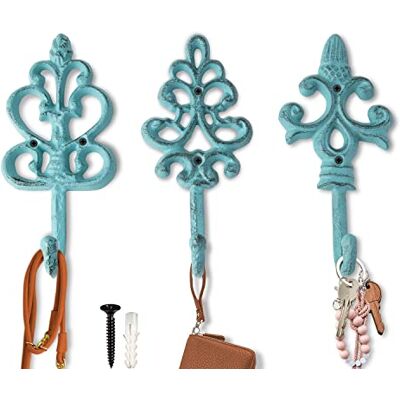 Comfify Antieke chique gietijzeren decoratieve wandhaken rustiek shabby Franse landelijke charme grote decoratieve hangende haken set van 3 schroeven en ankers voor montage inbegrepen- blauw Comfify Antieke chique gietijzeren decoratieve wandhaken rustiek shabby Franse landelijke charme grote decoratieve hangende haken set van 3 schroeven en ankers voor montage inbegrepen- blauw