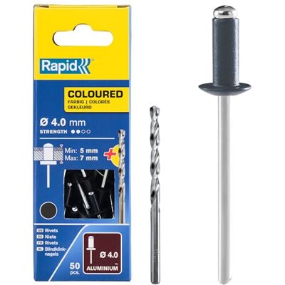 Rapid popnagels aluminium grijs 4 x 10 mm, 50 st. voor popnageltangen donkergrijs; RAL 7016; 5–7 mm klembereik; 4 mm diameter; van aluminium; voor metaal & kunststof; 50 stuks incl. boor Rapid popnagels aluminium grijs 4 x 10 mm, 50 st. voor popnageltangen donkergrijs; RAL 7016; 5–7 mm klembereik; 4 mm diameter; van aluminium; voor metaal & kunststof; 50 stuks incl. boor