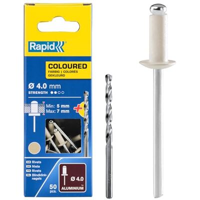 Rapid popnagels aluminium Crèmewit 4 x 10 mm, 50 st. voor popnageltangen Crèmewit; RAL 9001; 5–7 mm klembereik; 4 mm diameter; van aluminium; voor metaal & kunststof; 50 stuks incl. boor Rapid popnagels aluminium Crèmewit 4 x 10 mm, 50 st. voor popnageltangen Crèmewit; RAL 9001; 5–7 mm klembereik; 4 mm diameter; van aluminium; voor metaal & kunststof; 50 stuks incl. boor
