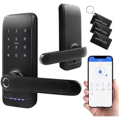 EURA ELH-01H4 Smart deurslot met handgreep, codeslot, 13,56 MHz naderingslezer, biometrische lezer, app TTLock/TTHotel, IP65, universele vergrendelingsafstand, zwart EURA ELH-01H4 Smart deurslot met handgreep, codeslot, 13,56 MHz naderingslezer, biometrische lezer, app TTLock/TTHotel, IP65, universele vergrendelingsafstand, zwart