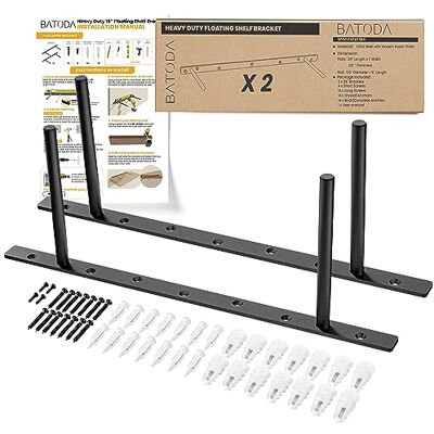 BATODA 16" Heavy Duty Floating Shelf Bracket (2 pcs)–Solid Steel Blind Shelf Supports Hidden Brackets for Floating Wood Shelves Blind Shelf Support Shelving Mounting Hardware Included (Pack 2) BATODA 16" Heavy Duty Floating Shelf Bracket (2 pcs)–Solid Steel Blind Shelf Supports Hidden Brackets for Floating Wood Shelves Blind Shelf Support Shelving Mounting Hardware Included (Pack 2)