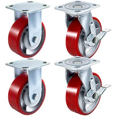 VEVOR Wielen 15 cm 4 stuks 2 harde wielen en 2 zwenkwielen met zijrem, ijzeren kernplaat, polyurethaan, draagvermogen 450 kg per wiel voor werkplaats, garage, magazijn VEVOR Wielen 15 cm 4 stuks 2 harde wielen en 2 zwenkwielen met zijrem, ijzeren kernplaat, polyurethaan, draagvermogen 450 kg per wiel voor werkplaats, garage, magazijn