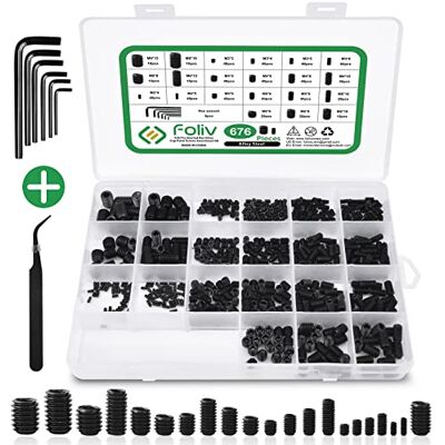 Foliv 676 stuks madenschroeven assortiment set M2, M3, M4, M5, M6, M8, madenbouten, binnenzeskant, schroefdraadpennen DIN 913, zeskantkop schroeven met moersleutel voor deurgreep, deurklink, houder Foliv 676 stuks madenschroeven assortiment set M2, M3, M4, M5, M6, M8, madenbouten, binnenzeskant, schroefdraadpennen DIN 913, zeskantkop schroeven met moersleutel voor deurgreep, deurklink, houder