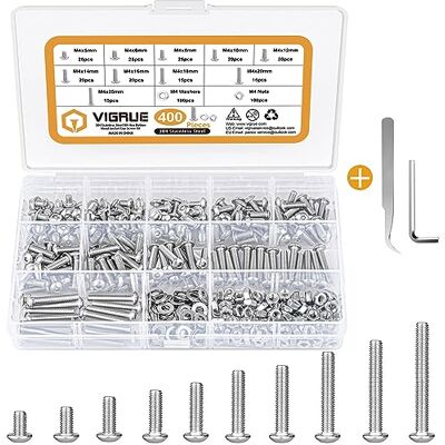 VIGRUE 400 stuks M4 schroevenset, roestvrij staal 304 schroeven en moeren, sluitringen, set ronde knop, lenskop, binnenzeskant schroeven met schroefsleutel, schroefdraadschroeven VIGRUE 400 stuks M4 schroevenset, roestvrij staal 304 schroeven en moeren, sluitringen, set ronde knop, lenskop, binnenzeskant schroeven met schroefsleutel, schroefdraadschroeven