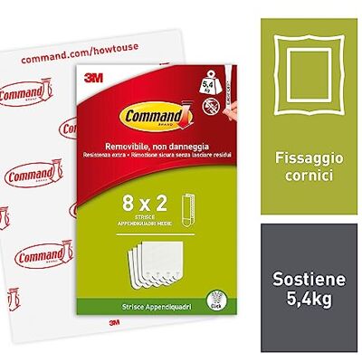 Command Plakstrips, verpakking van 8 x 2 medium (16 strips), wit foto's ophangen zonder boren, strips houden tot 5 kg, zonder resten te verwijderen Command Plakstrips, verpakking van 8 x 2 medium (16 strips), wit foto's ophangen zonder boren, strips houden tot 5 kg, zonder resten te verwijderen