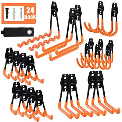 AOBEN Garagehaken, 24 stuks zware garagehanger organizer anti-slip dubbelwandige garageopberghaken voor ladder, elektrisch gereedschap, fiets, touwen (23 haken en 1 hoder riem) oranje AOBEN Garagehaken, 24 stuks zware garagehanger organizer anti-slip dubbelwandige garageopberghaken voor ladder, elektrisch gereedschap, fiets, touwen (23 haken en 1 hoder riem) oranje