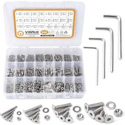 VIGRUE 940 stuks M2 M3 M4 M5 schroeven met verzonken kop, zeshoekige schroeven met platte knop, moeren, assortimentset, 304 roestvrij staal, machineschroeven, schroefdraadschroeven, bevestiging, VIGRUE 940 stuks M2 M3 M4 M5 schroeven met verzonken kop, zeshoekige schroeven met platte knop, moeren, assortimentset, 304 roestvrij staal, machineschroeven, schroefdraadschroeven, bevestiging,