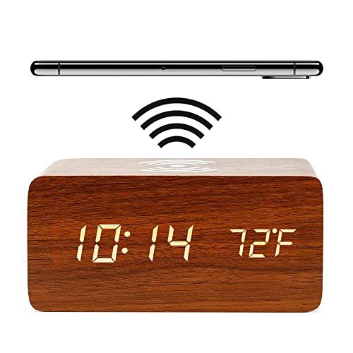 HAPPMY Houten wekker met laadstation, digitale wekker met thermometer, 3 wektijden, digitale klok, digitale wekker zonder tikken, tafelklok, alarm klok, werkt op batterijen en USB, digitale klok met