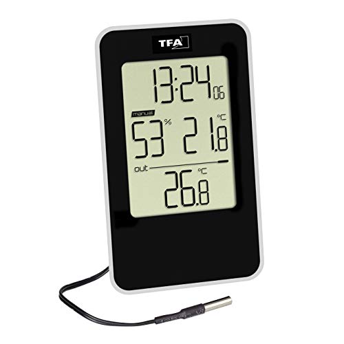 TFA Dostmann digitale thermo-hygrometer, 30.5048.01, met tijd, temperatuur binnen en buiten, met waterdichte kabelsensor, ideaal voor koelkast, diepvriezer, aquarium of buitentemperatuur, zwart