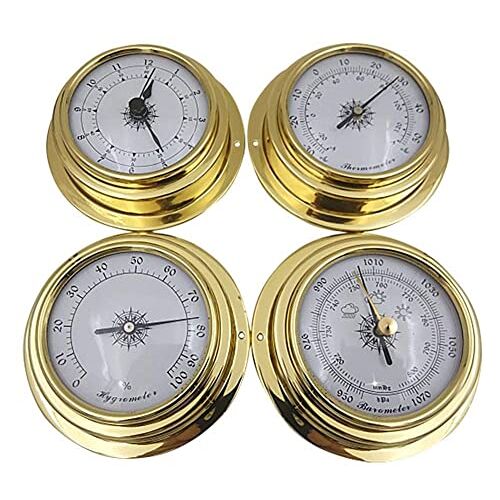 ZhanDouB Barometer Klok Thermometer Hygrometer, 4 Stuk Weerstation Set, Draagbare Marine Muur Barometer Klok Meter Thermometer Hygrometer Kit