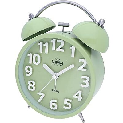 MPM Quality Design metalen wekker in trendy kleuren, groen/pistacie, 3D-wijzerplaat, kwartsuurwerk sweep, led-lichtfunctie, analoog, klassiek bellen, wekt zelfs de grootste slapers MPM Quality Design metalen wekker in trendy kleuren, groen/pistacie, 3D-wijzerplaat, kwartsuurwerk sweep, led-lichtfunctie, analoog, klassiek bellen, wekt zelfs de grootste slapers