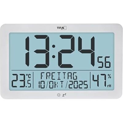 TFA Dostmann digitale wand- en tafelklok 60.2568.02, temperatuur- en luchtvochtigheidsmeter, groot display, wekker, sluimerfunctie, datum, weekdag, achtergrondverlichting, kunststof, 20 x 12 cm, wit TFA Dostmann digitale wand- en tafelklok 60.2568.02, temperatuur- en luchtvochtigheidsmeter, groot display, wekker, sluimerfunctie, datum, weekdag, achtergrondverlichting, kunststof, 20 x 12 cm, wit