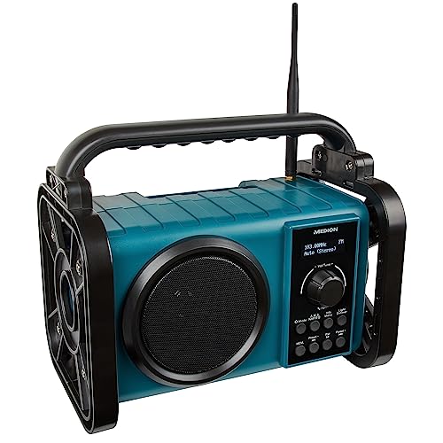 Medion E66877 DAB+ Bouwplaatsradio (Robuuste behuizing, spatwaterdicht (IP44), Bluetooth 5.0, PLL FM-radio, LED-werklampje, batterij- en netvoeding) blauw