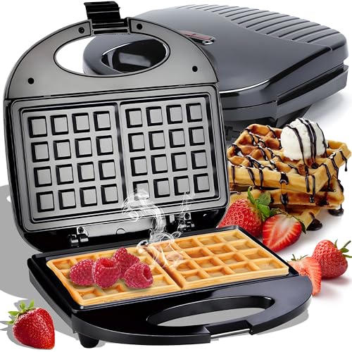 Retoo Wafelijzer voor 2 Belgische wafelmakers, 750 watt vermogen, bakvorm 22,5 x 22,5 cm, klassiek compact wafelijzer in slim design, platen, dubbele wafelijzer 220 V, zwart