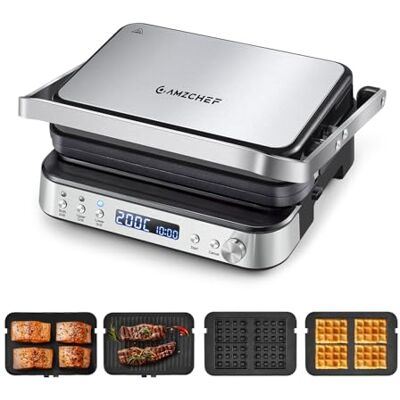 AMZCHEF 4-in-1 machine (contactgrill, Griddle, wafelijzer, sandwichmaker), 2000 W, met 4 afneembare platen met antiaanbaklaag, met vrij instelbare tijd en temperatuur, zwart en zilver AMZCHEF 4-in-1 machine (contactgrill, Griddle, wafelijzer, sandwichmaker), 2000 W, met 4 afneembare platen met antiaanbaklaag, met vrij instelbare tijd en temperatuur, zwart en zilver