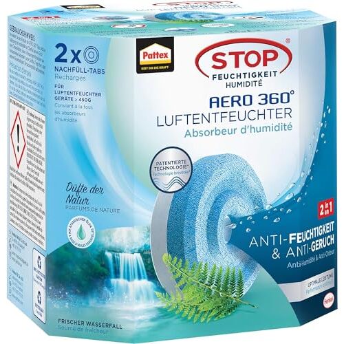 Pattex AERO 360° Fresh Waterfall Tabs navulpak, vermindert vocht en nare geurtjes, navultabletten voor de AERO 360° luchtontvochtiger, 2-pack (2x450g)