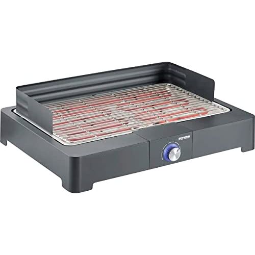 Severin PG 8565 Tafelgrill met roestvrijstalen grillrooster voor binnen en buiten, elektrische grill met snelle grill-start, balkongrill zonder verbrandingsgevaar, zwart