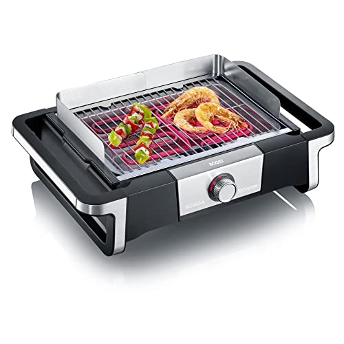 Severin Senoa Boost PG 8113 Elektrische grill voor binnen en buiten, tafelgrill met snelle grillstart tot 500 °C, balkongrill met SafeTouch-oppervlak, roestvrij staal/zwart