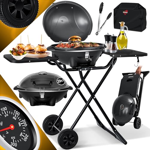 KESSER ® Elektrische elektrische grill 2-in-1 tafelgrill staande grill met deksel & voet max. 2400 Watt incl. thermometer & grilldeksel & grilltang opvouwbaar anti-aanbak 2 wielen zwart