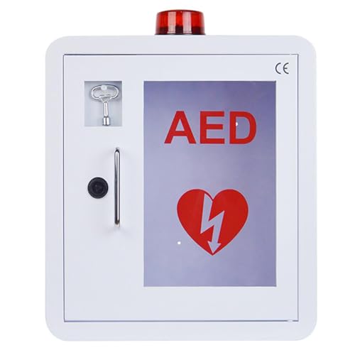 RVUEM AED Defibrillator Wall Mounted Cabinet, Metal Steel Plate Storage Cabinet, with Alarm and Light, PC Transparent Window, Fits All Brands Of AED Defibrillator