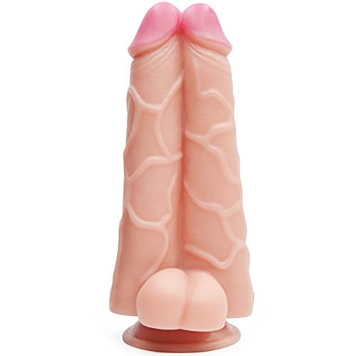 FAAK Realistische dubbele dildo's voor één gat, 2 in 1 grote dildo 19,5cm/7,7'' Insteekbaar,dubbele lul met ballen,trio dubbele penetratie fantasie seksspeeltje (beige)