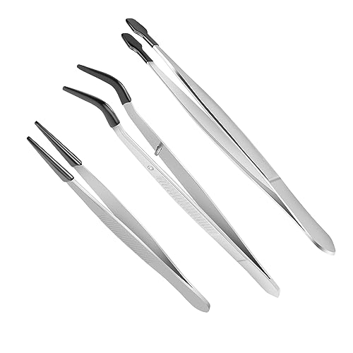 Oikabio 3 pincetten met rubberen punt, platte rechte pincet, 15,2 cm, gebogen pincet met 15,2 cm (4,7 inch) en puntige pincet