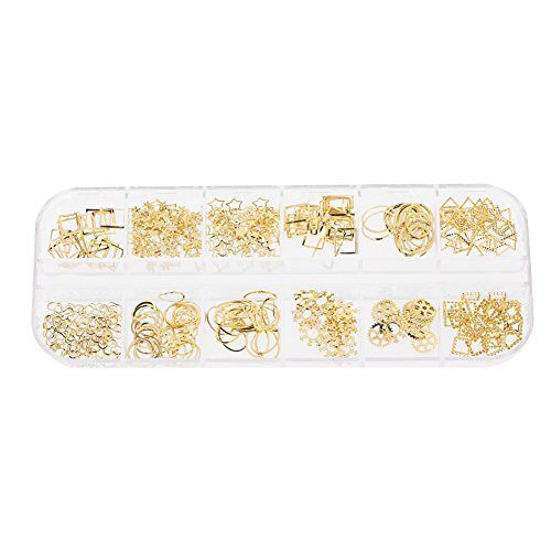 Pongnas Nagelkunstdecoratie, 12 Raster Gemengde Stijl Nagelkunstdecoratie Metalen schelp Ster Studs Keten Nagelkunst Juwelendecoratie(Gold)