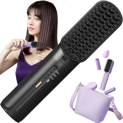 TUNTUM Portable Cordless Mini Hair Straightening Comb, Hot Comb Hair Straightener Brush for Women, 2024 New Negative Ion Hair Straightener Brush for Women, for All Hair Types (Black)