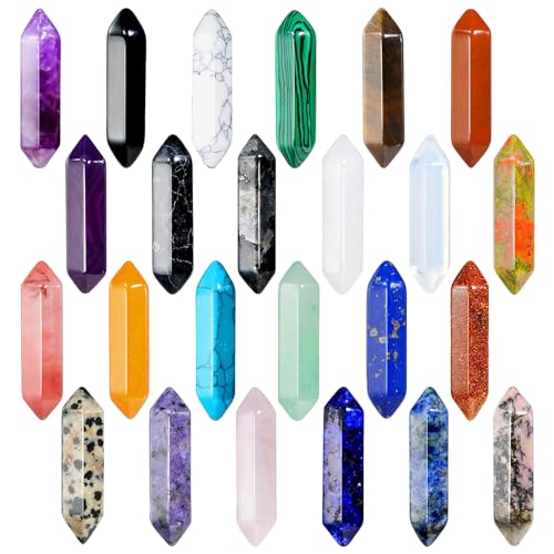 yotutun Helende kristallen stenen sets, 24 stuks edelstenen helende stenen zeshoekige helende kristallen Reiki meditatie amethist tijgeroog obsidiaan malachiet helende stenen hanger decoratie