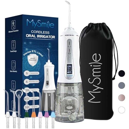 MySmile Krachtige draadloze watertandflosser Draagbare monddouche met OLED-display 5 standen 8 vervangbare jettips en 350 ML afneembare watertank voor thuisgebruik (Wit)