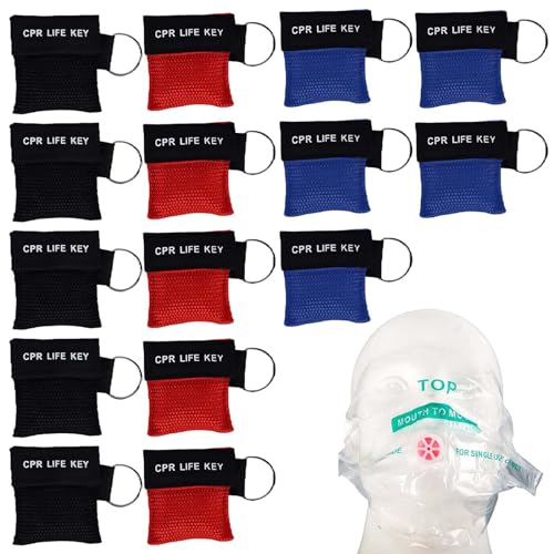 Leikurvo 15 stuks beademingsmasker sleutelhanger, CPR-masker sleutelhanger, beademingsdoek met terugslagventiel, ademhalingsbarrière, zakmasker voor eerste hulp of AED-training (5 x rood + 5 x blauw + 5 x