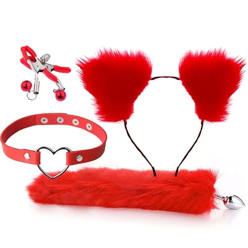 CIONIC Anaal Plug Staart Anale Plug Oren Hoofdbanden Set Volwassen Spelletjes Clip Hals Kraag Erotische Cosplay Seksspeeltjes Paar (Rood)