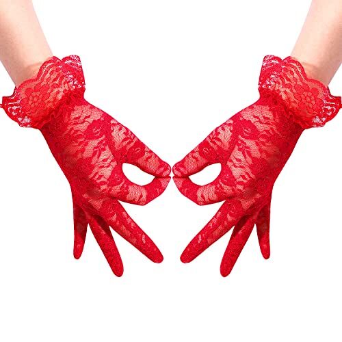 KINBOM Kanten Handschoenen Dames Elegante Korte Handschoenen Visnet Kanten Handschoenen Prachtige Pols Bruids Handschoenen Bruiloft Tea Party Prom Cosplay Jaren '20 (Rood)