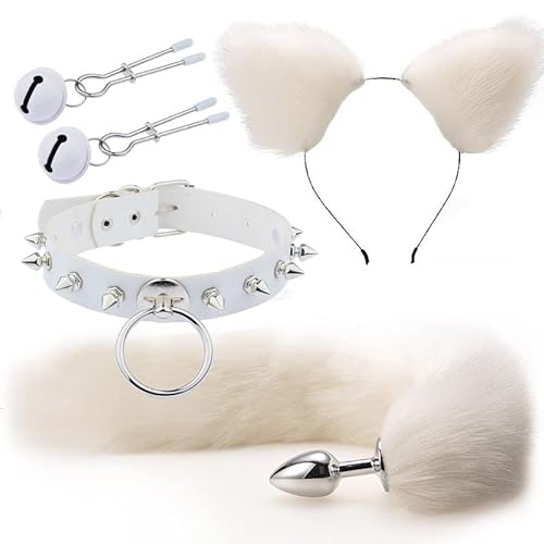 CIONIC Anaal Plug Staart Anale Plug Kat Oren Hoofdbanden Set Volwassen Spelletjes Clip Hals Kraag Erotische Cosplay Seksspeeltjes Paar BDSM(white2)