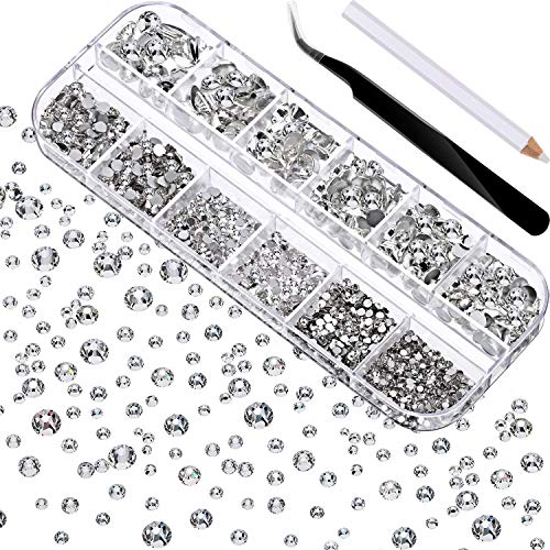 Nv Wang Strass, strass-steentjes voor les, 2000 stuks edelstenen met platte achterkant, strass-steentjes, in 6 maten, (1,5-6 mm), voor handwerk, met pincet en pen, voor nagels, nagelstudio