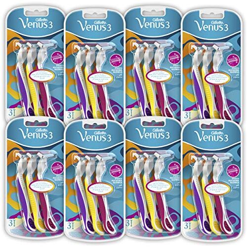 Venus Gillette  3 Colors, Scheerapparaten voor dames, 24 stuks (3 x 8), Wegwerpscheermes voor vrouwen met 3 mesjes